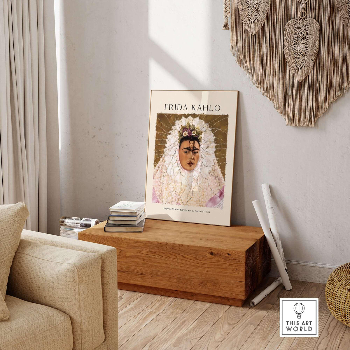 Frida Kahlo Diego on My Mind Tehuana Self Portrait Poster Art Print displayed in a stylish living room setting.