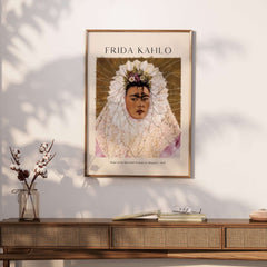 Frida Kahlo Diego on My Mind Tehuana Self Portrait Poster Art Print displayed on a wall above a wooden table.