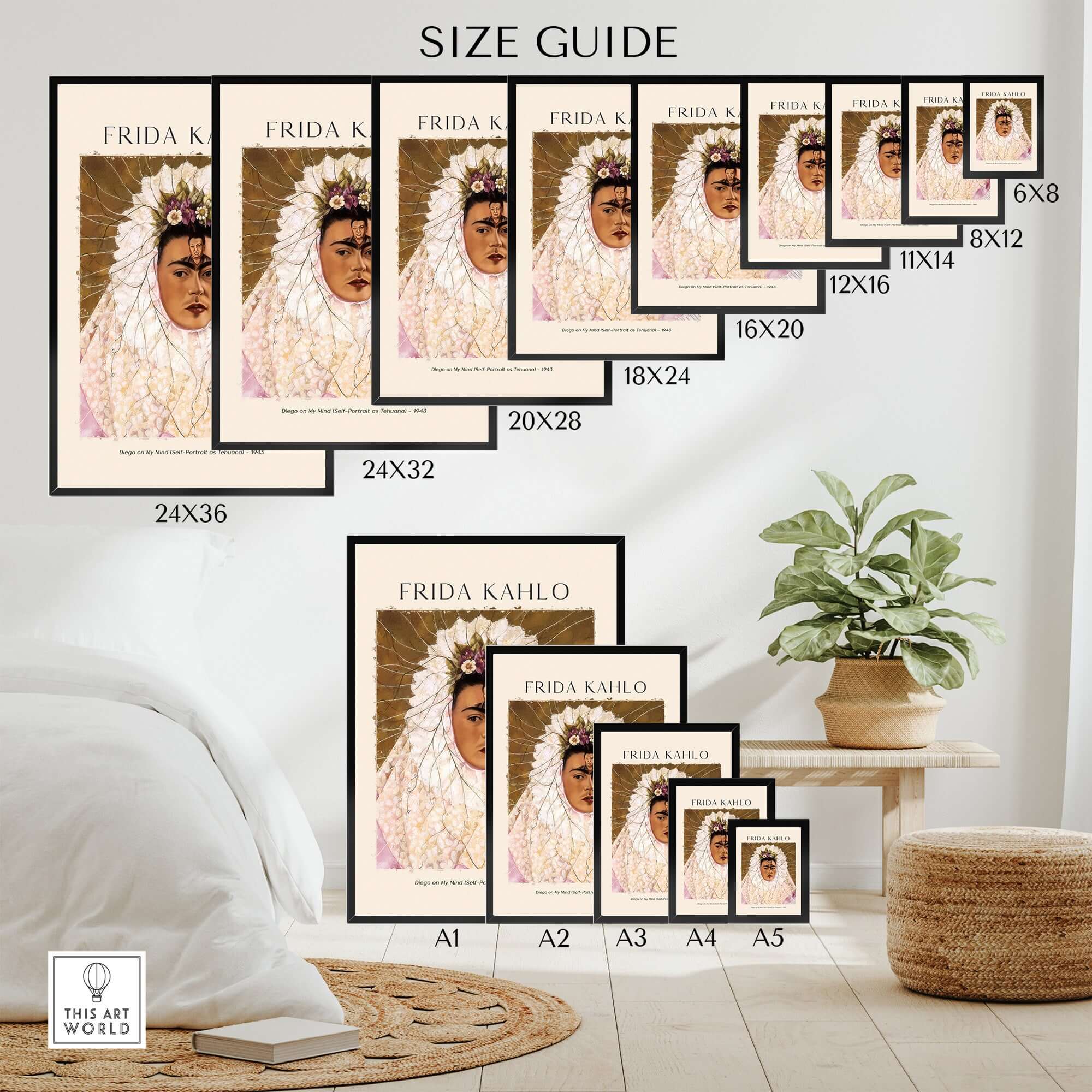 Frida Kahlo Diego on My Mind Tehuana Self Portrait Poster Art Print size guide showing various dimensions.