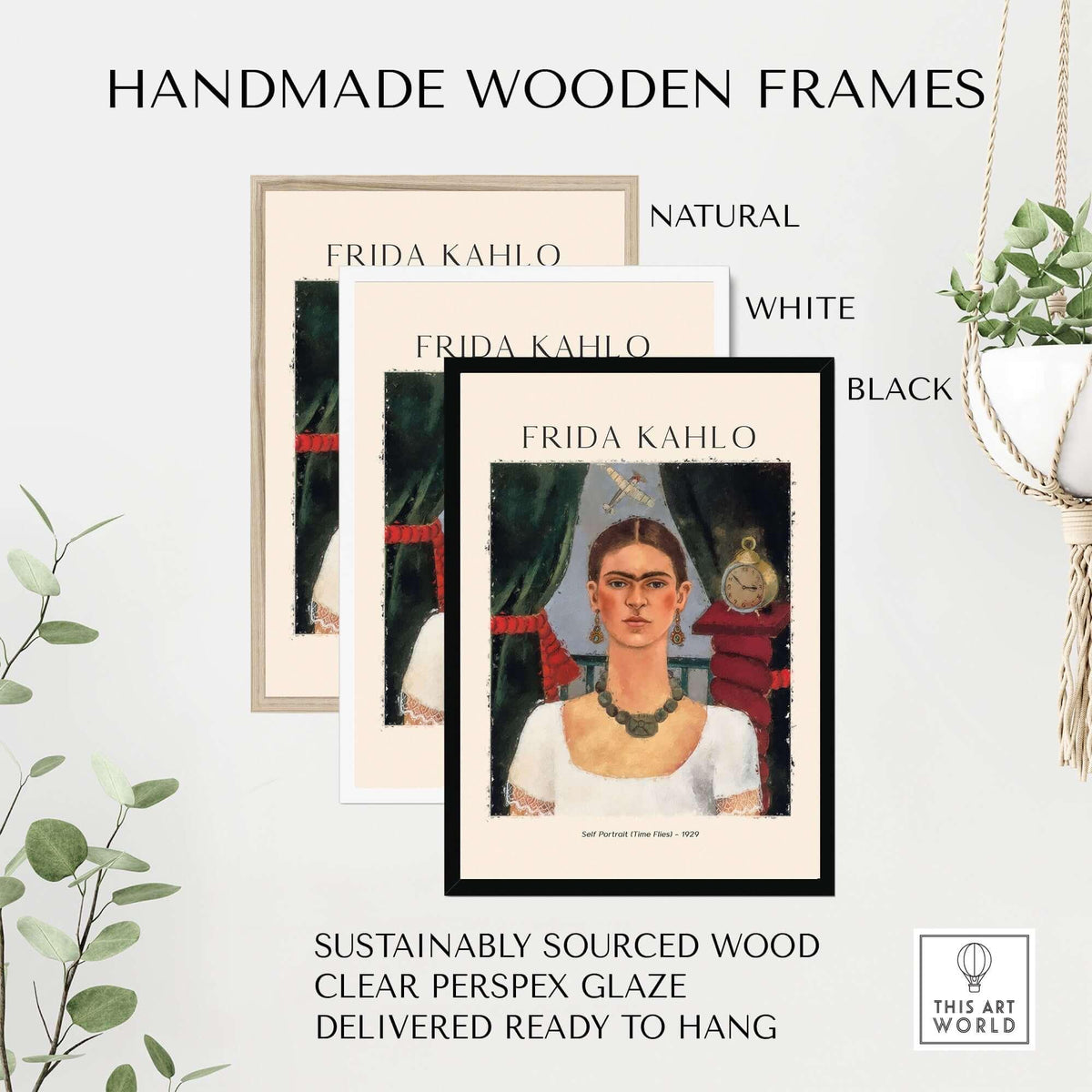 Frida Kahlo Self Portrait Time Flies 1929 Vintage Art Print Poster displayed in handmade wooden frames.