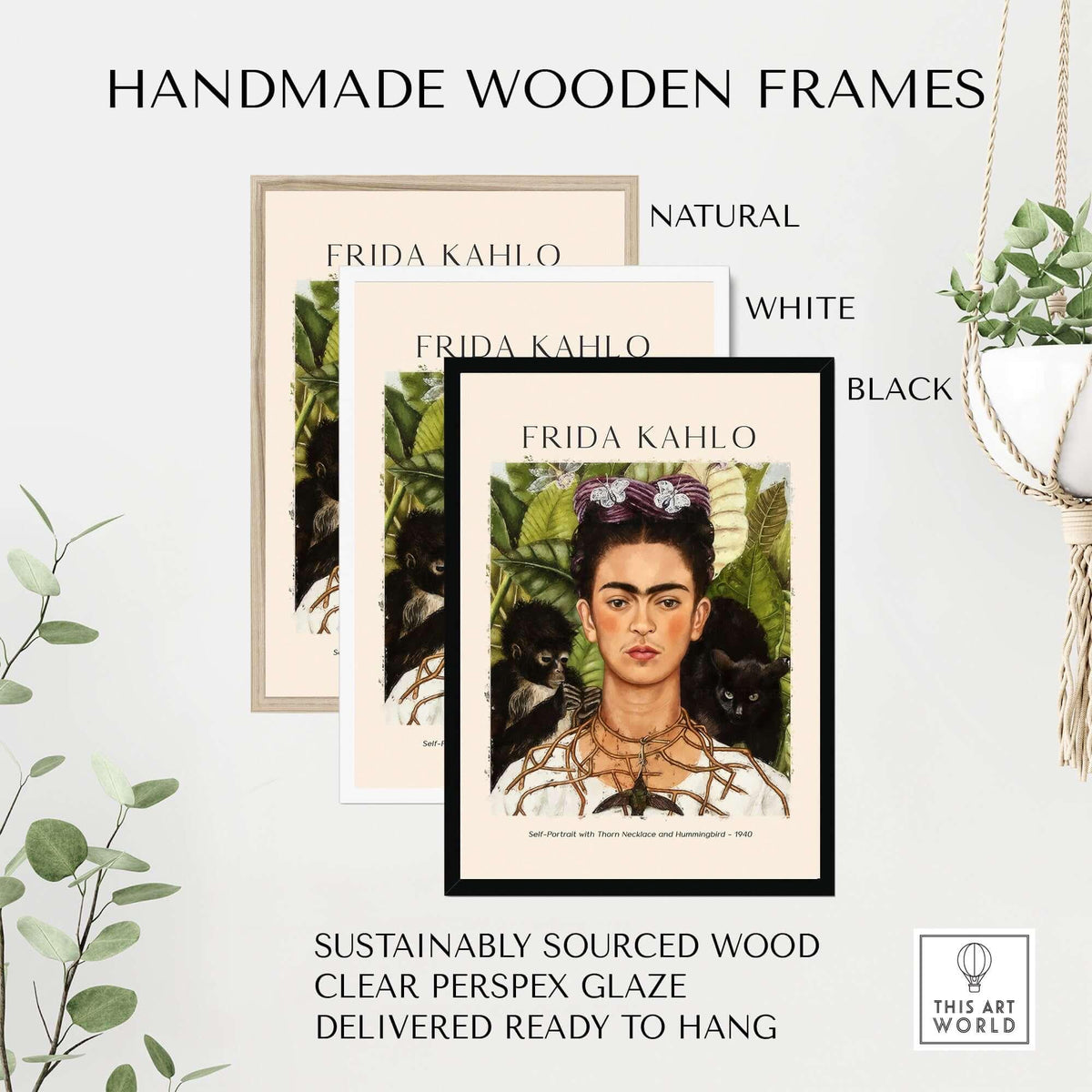 Frida Kahlo Self Portrait with Thorn Necklace and Hummingbird Print framed in handmade wooden frames, natural, white, and black.