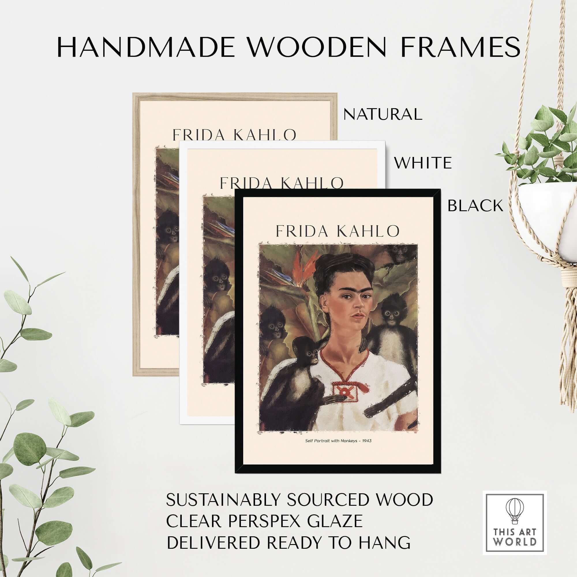 Frida Kahlo Self Portrait with Monkeys Famous Painting Poster Art Print in handmade wooden frames