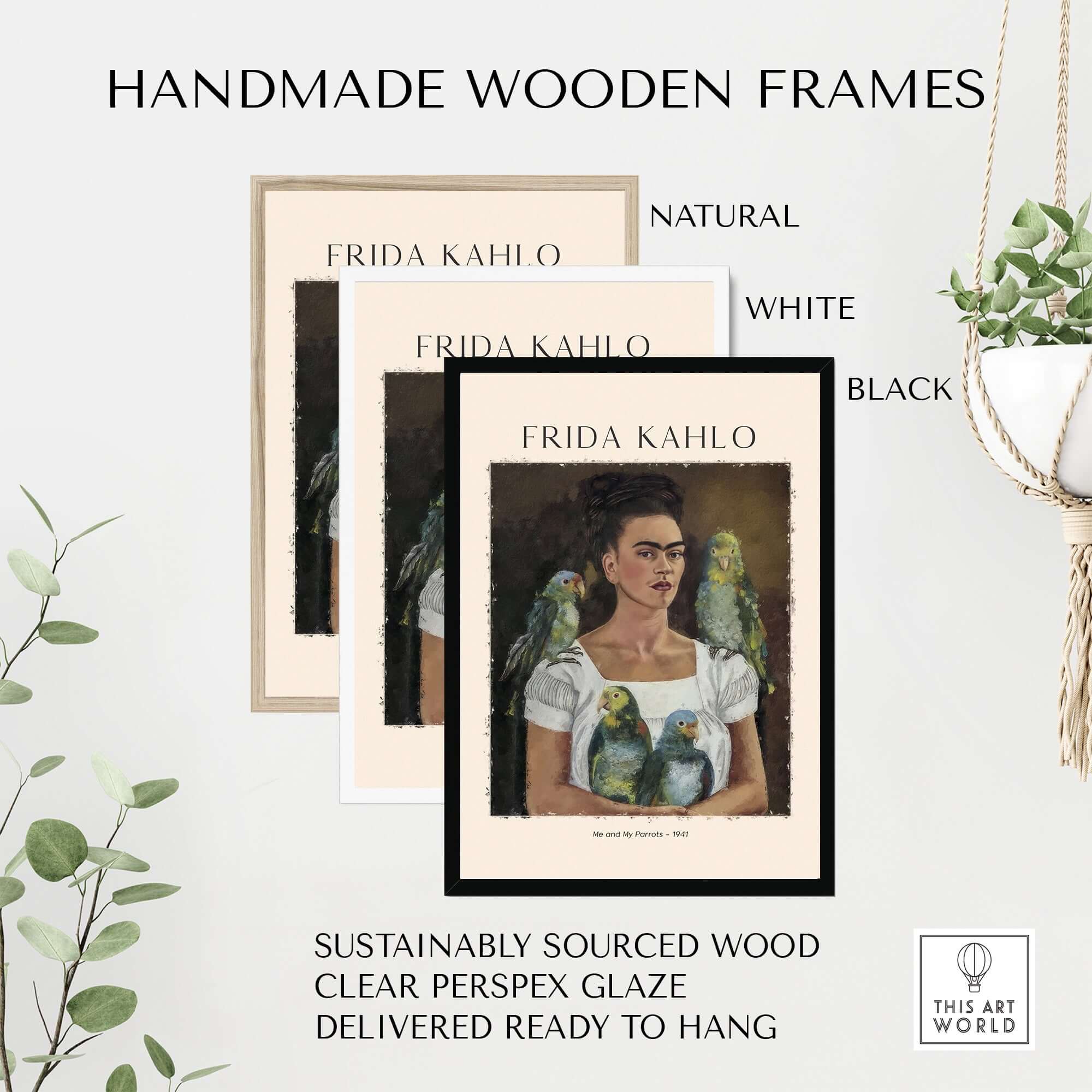 Frida Kahlo Me and My Parrots Self Portrait Art Print Poster Wall Art in handmade wooden frames.