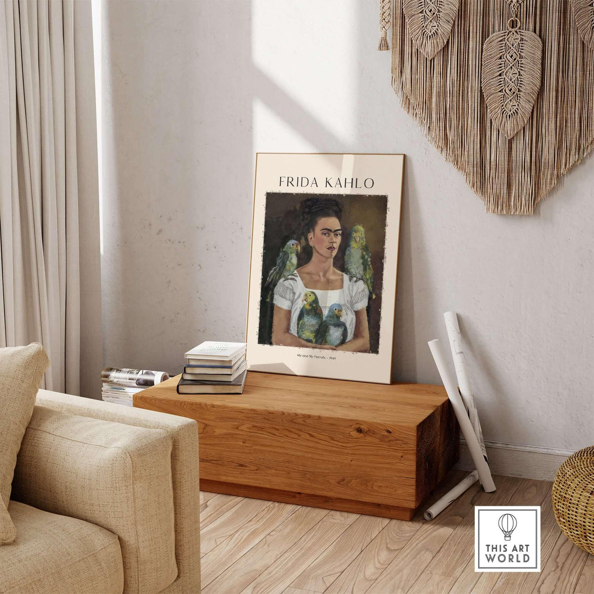 Frida Kahlo Me and My Parrots Self Portrait Art Print Poster Wall Art displayed in a stylish interior setting.