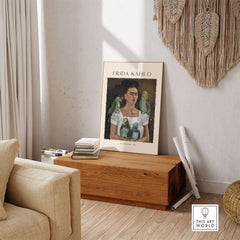 Frida Kahlo Me and My Parrots Self Portrait Art Print Poster Wall Art displayed in a stylish interior setting.