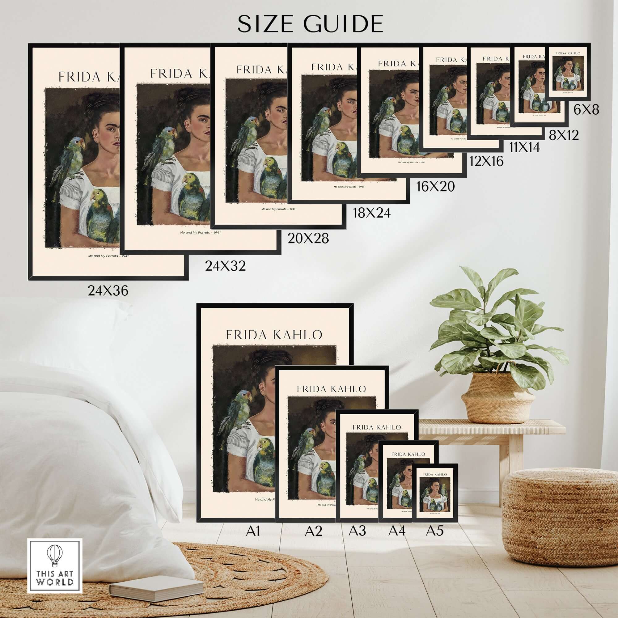Frida Kahlo Me and My Parrots Self Portrait Art Print Poster Wall Art size guide displaying various print sizes.