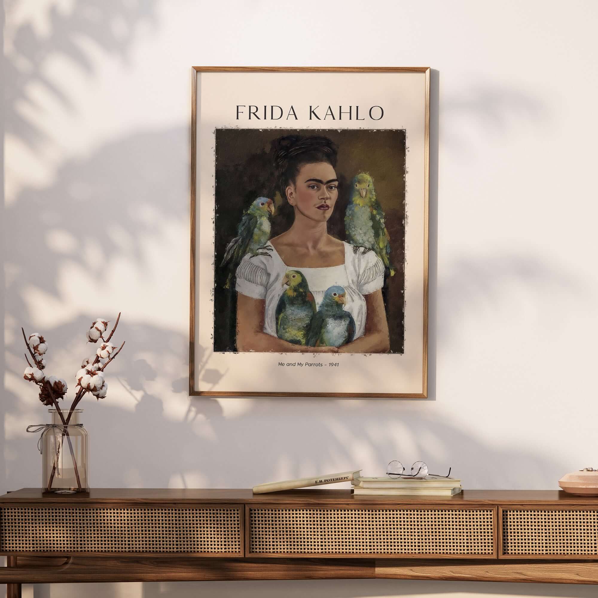 Frida Kahlo Me and My Parrots Self Portrait Art Print Poster Wall Art displayed on a wall with decorative elements.