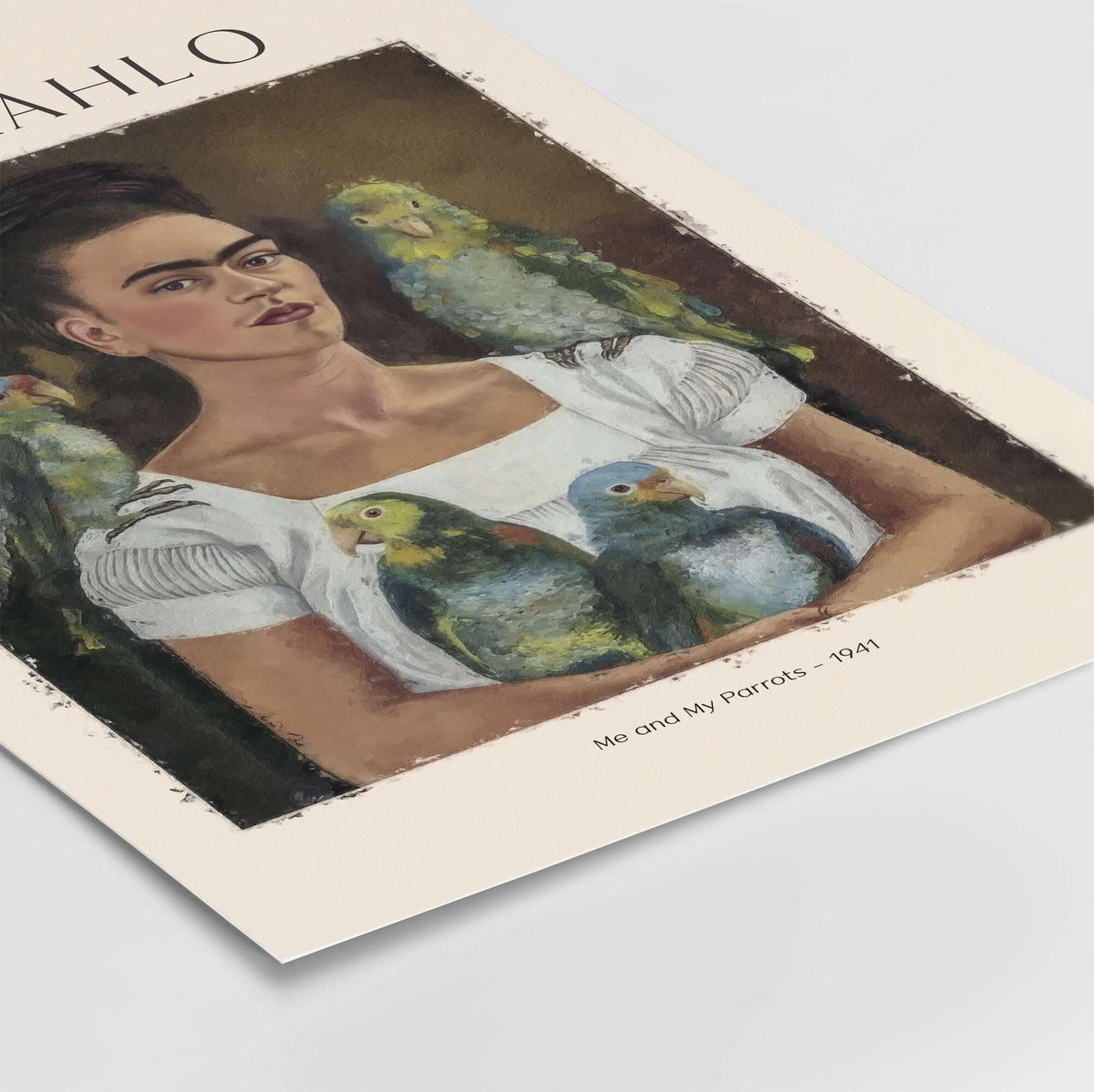 Frida Kahlo Me and My Parrots Self Portrait Art Print Poster Wall Art featuring a self-portrait with parrots.