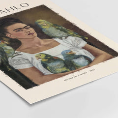 Frida Kahlo Me and My Parrots Self Portrait Art Print Poster Wall Art featuring a self-portrait with parrots.