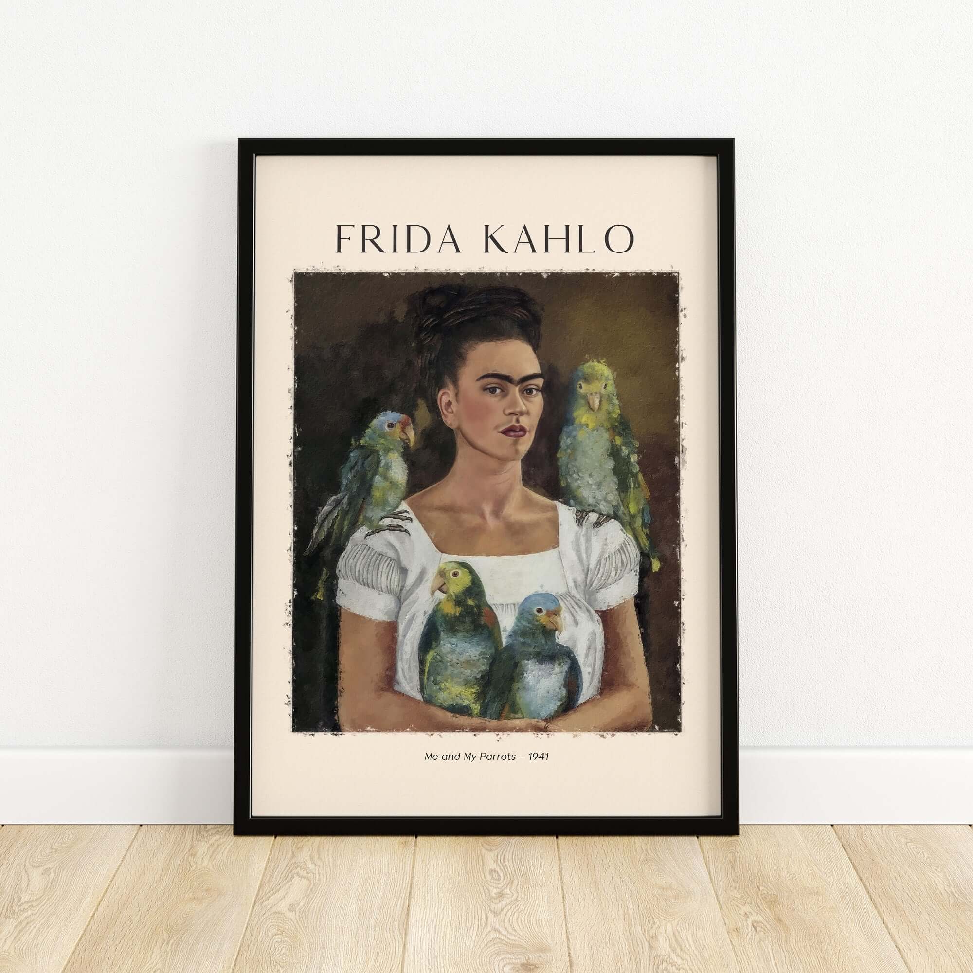 Frida Kahlo Me and My Parrots Self Portrait Art Print Poster Wall Art featuring the artist with parrots
