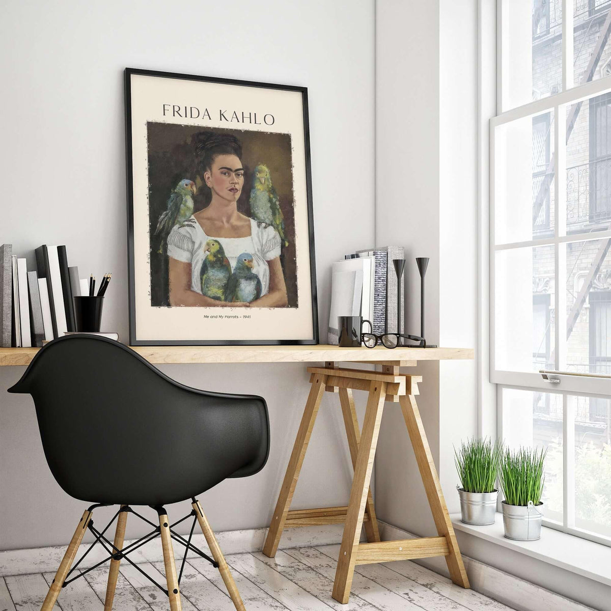 Frida Kahlo Me and My Parrots Self Portrait Art Print Poster Wall Art displayed in a stylish workspace.