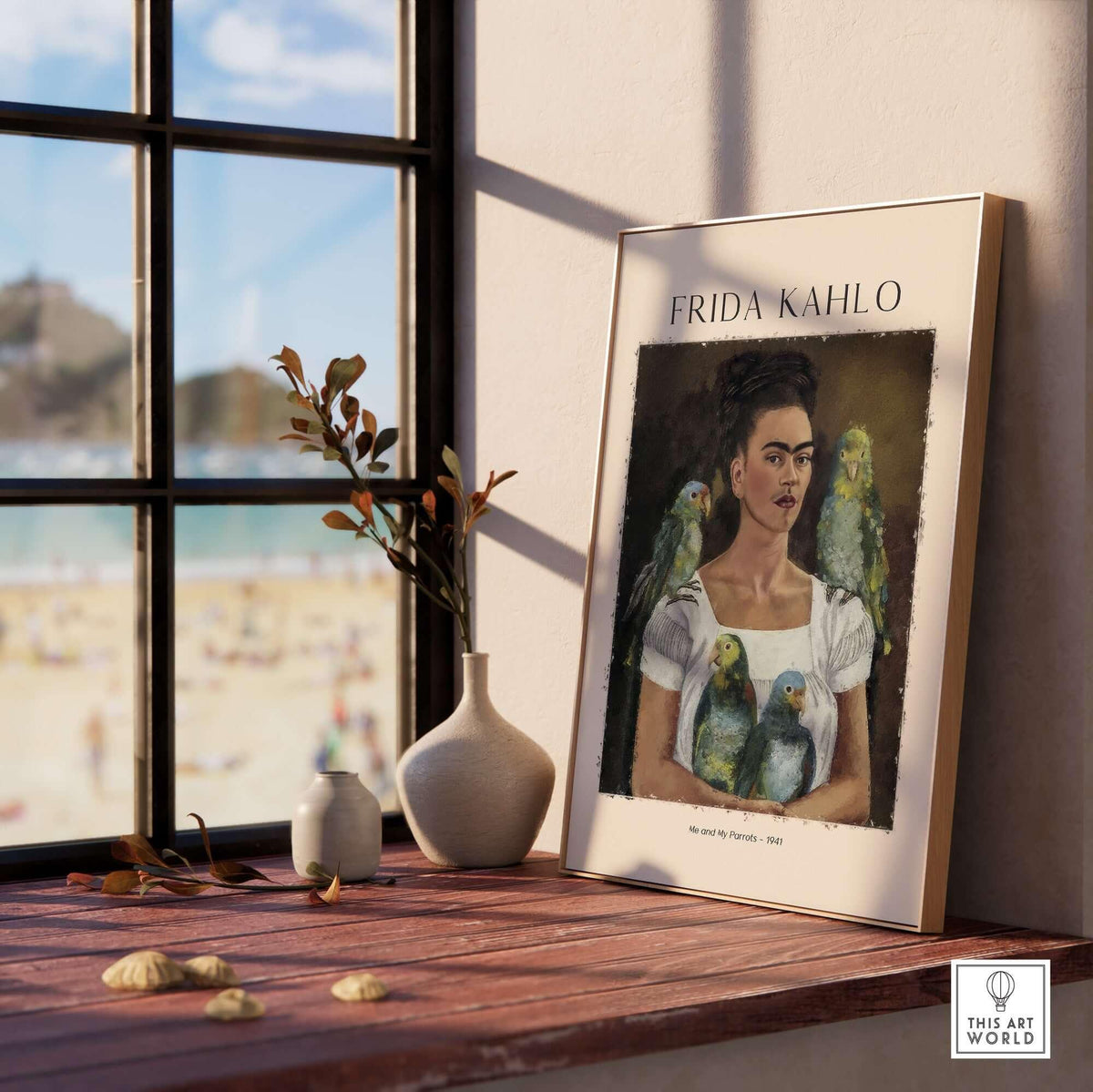 Frida Kahlo Me and My Parrots Self Portrait Art Print Poster Wall Art displayed on a table by a window.