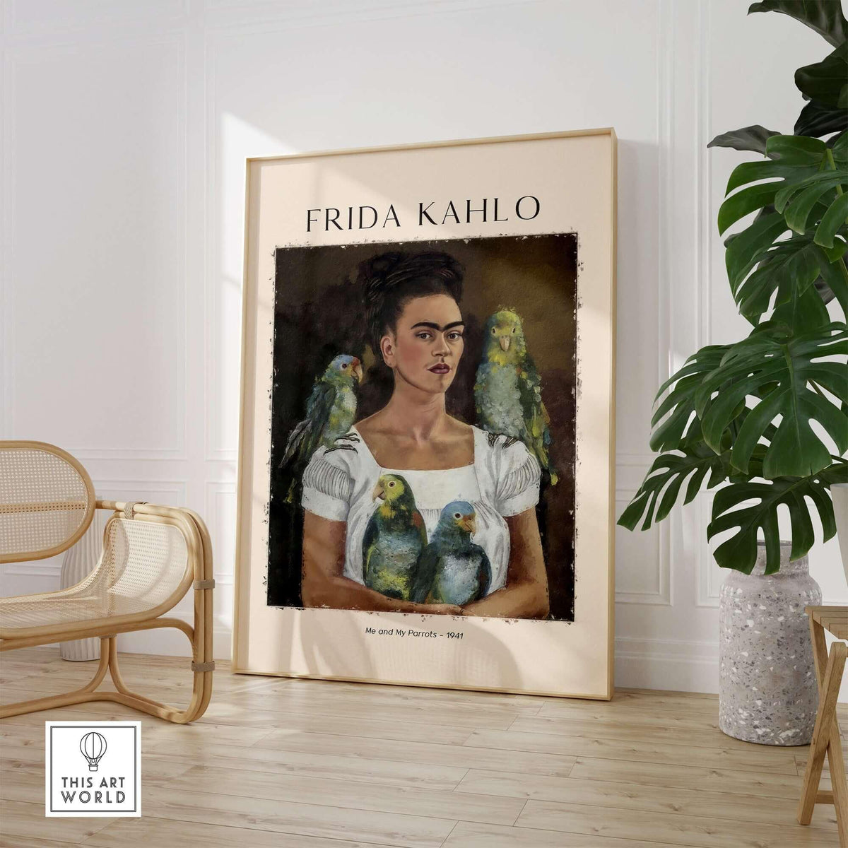 Frida Kahlo Me and My Parrots Self Portrait Art Print Poster Wall Art displayed in a stylish interior setting.