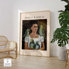 Frida Kahlo Me and My Parrots Self Portrait Art Print Poster Wall Art displayed in a stylish interior setting.