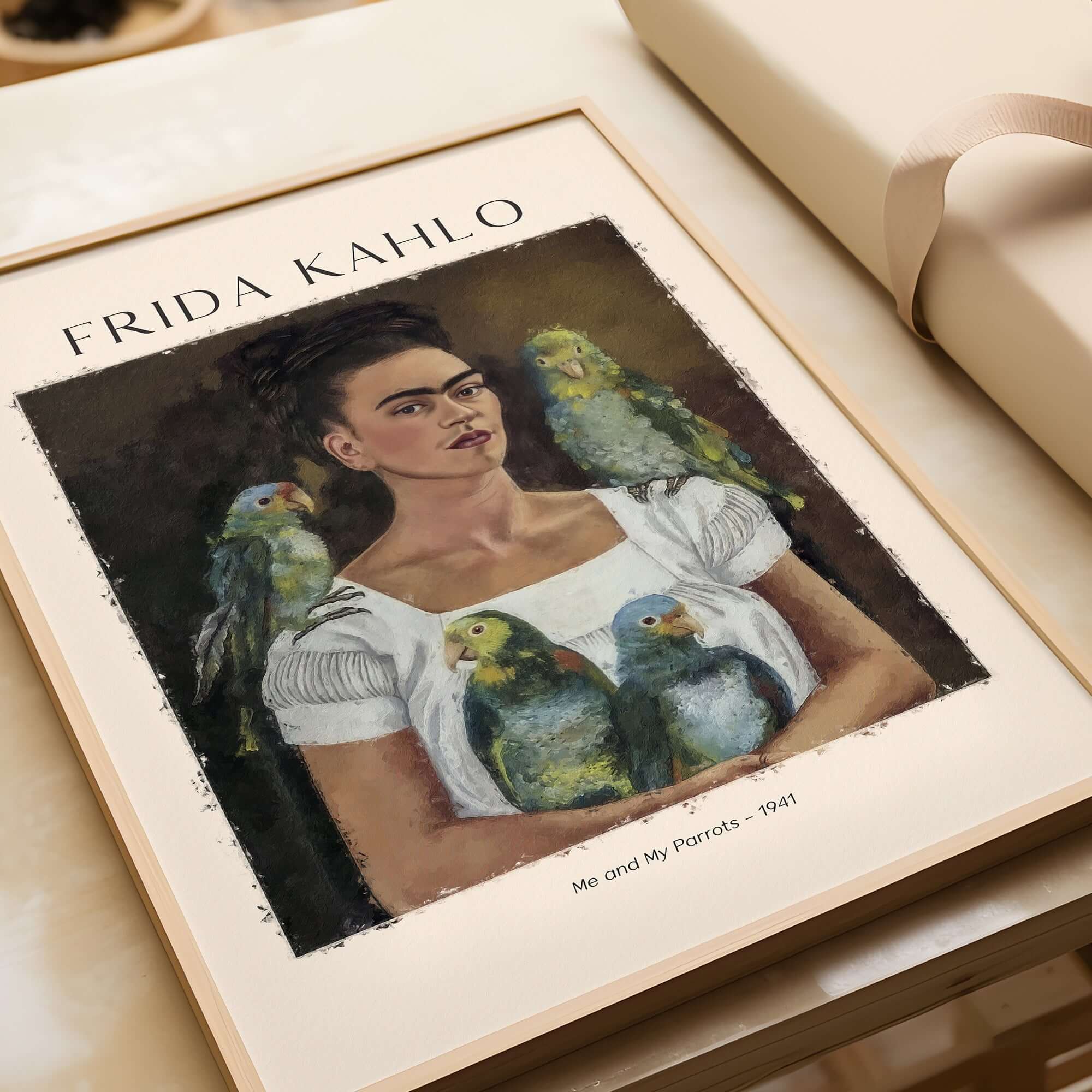 Frida Kahlo Me and My Parrots Self Portrait Art Print Poster Wall Art displayed in a frame with colorful parrots.