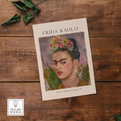 Frida Kahlo Self Portrait Dedicated Dr Eloesser Floral Poster Art Print showcasing vibrant floral crown and hand-shaped earrings.