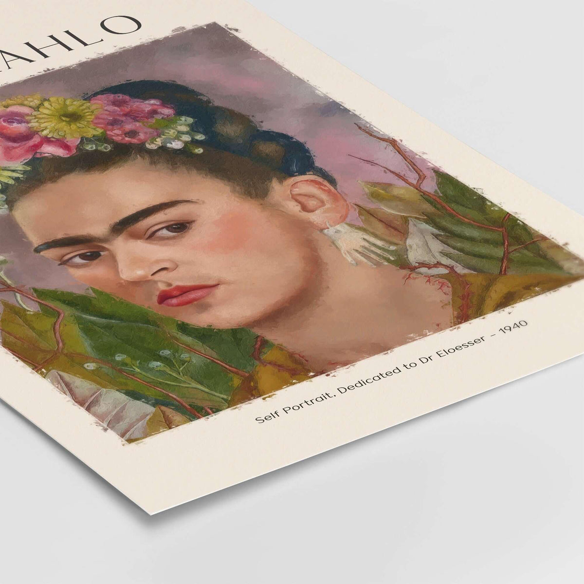 Frida Kahlo Self Portrait Dedicated Dr Eloesser Floral Poster Art Print featuring vibrant colors and floral details.