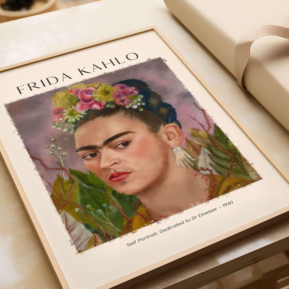 Frida Kahlo Self Portrait Dedicated Dr Eloesser Floral Poster Art Print featuring vibrant floral crown and unique background.