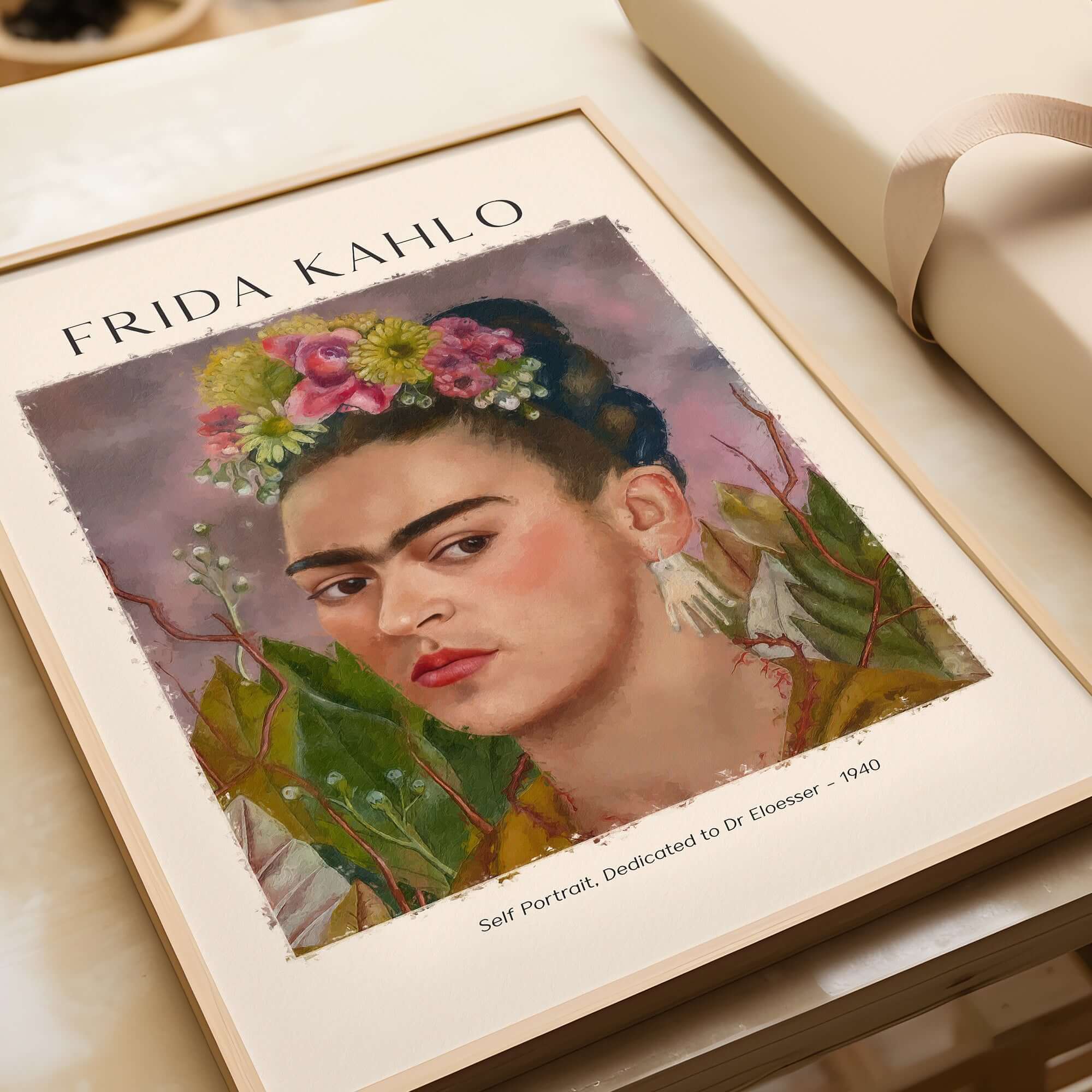 Frida Kahlo Self Portrait Dedicated Dr Eloesser Floral Poster Art Print featuring vibrant floral crown and unique background.