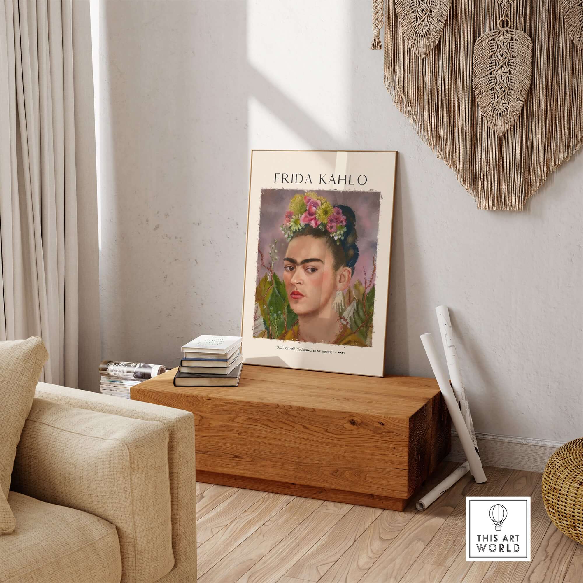 Frida Kahlo Self Portrait Dedicated Dr Eloesser Floral Poster Art Print showcased in a stylish living room setting.