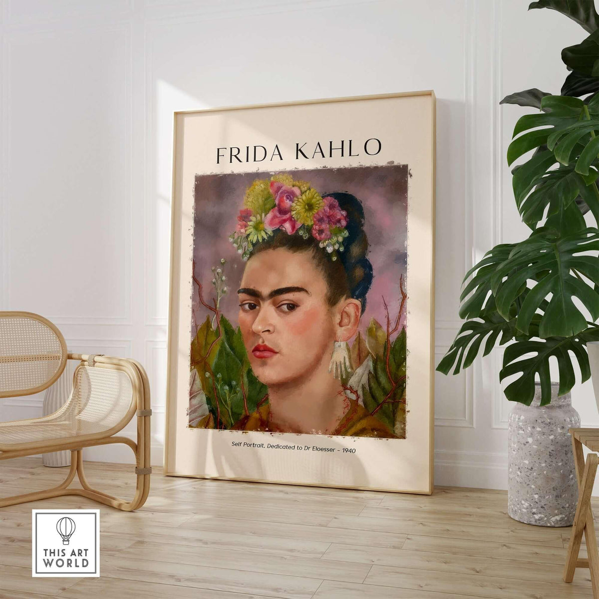 Frida Kahlo Self Portrait Dedicated Dr Eloesser Floral Poster Art Print displayed in a modern living room with plants.