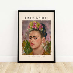 Frida Kahlo Self Portrait Dedicated Dr Eloesser Floral Poster Art Print featuring vibrant colors and floral crown.