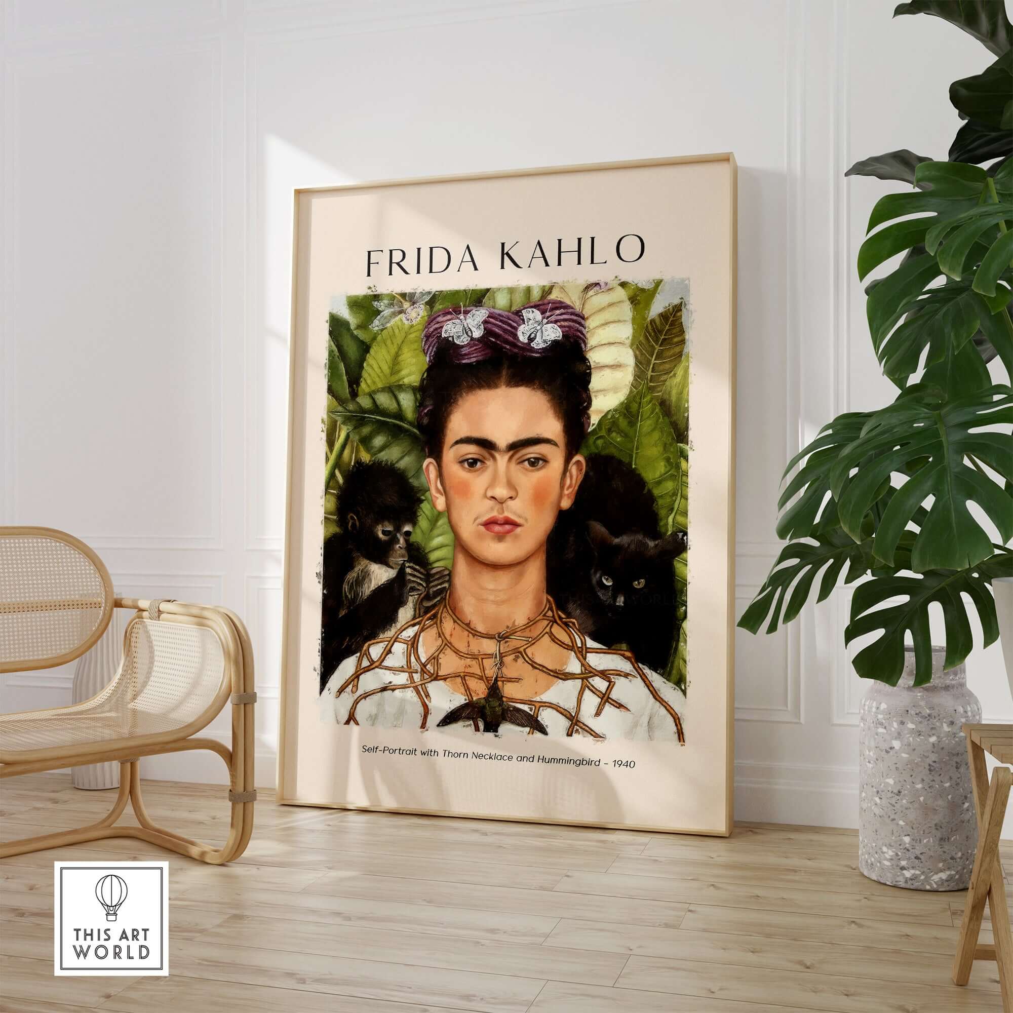 Frida Kahlo Self Portrait with Thorn Necklace and Hummingbird Print in a stylish interior setting.