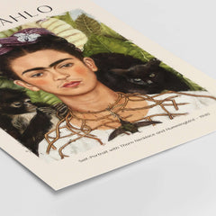 Frida Kahlo Self Portrait with Thorn Necklace and Hummingbird Print showcasing Kahlo's powerful gaze and symbolic elements.