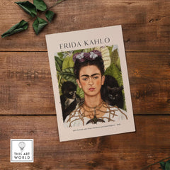 Frida Kahlo Self Portrait with Thorn Necklace and Hummingbird Print art print poster featuring Kahlo and symbolic elements.
