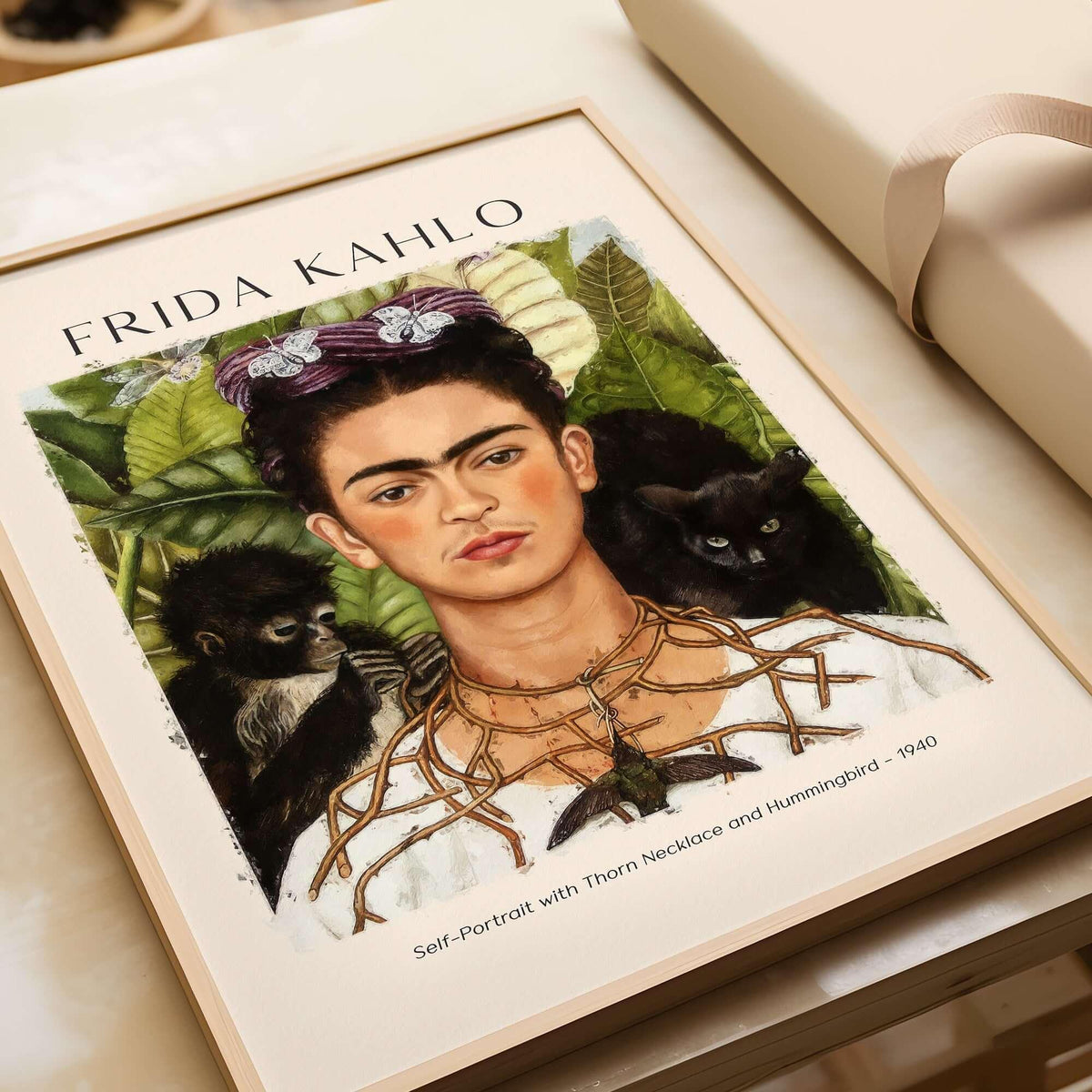 Frida Kahlo Self Portrait with Thorn Necklace and Hummingbird Print art print features iconic self-portrait from 1940.