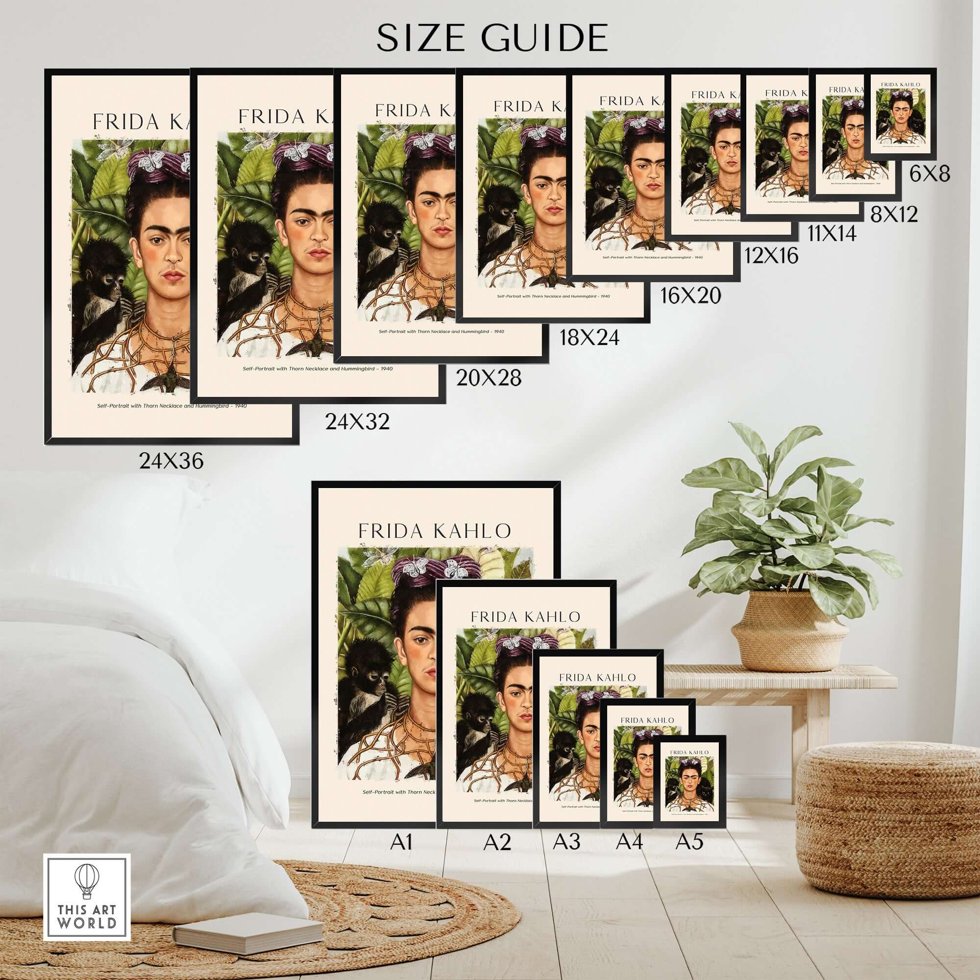 Frida Kahlo Self Portrait with Thorn Necklace and Hummingbird Print size guide poster display