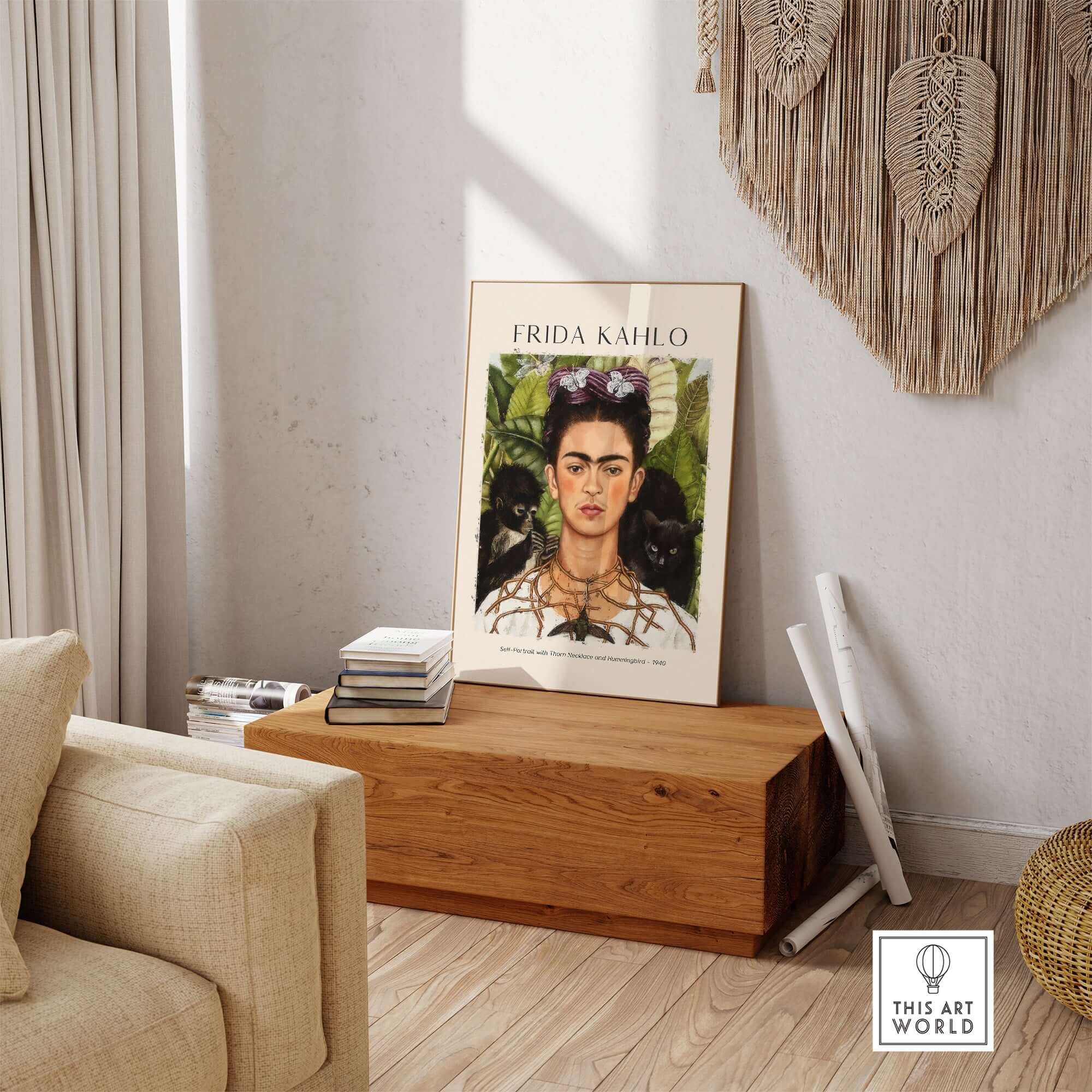 Frida Kahlo Self Portrait with Thorn Necklace and Hummingbird Print displayed in a cozy living room setting.