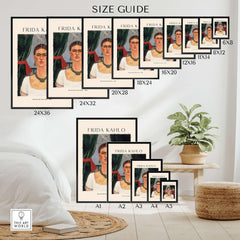 Frida Kahlo Self Portrait Time Flies 1929 Vintage Art Print Poster Size Guide with various frame sizes.