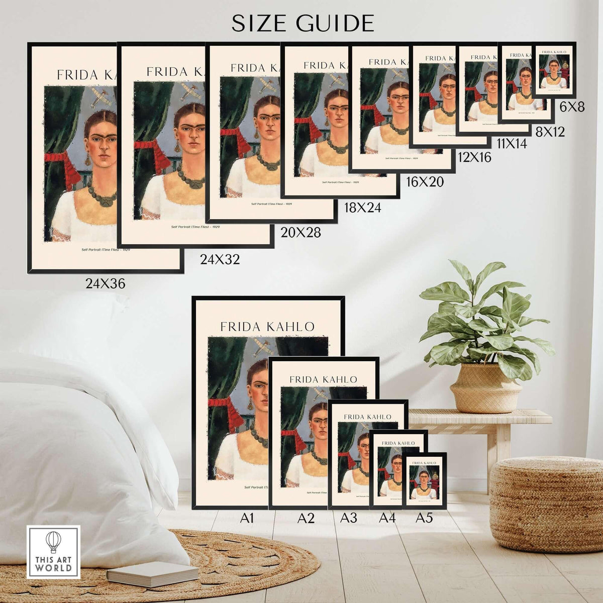 Frida Kahlo Self Portrait Time Flies 1929 Vintage Art Print Poster Size Guide with various frame sizes.
