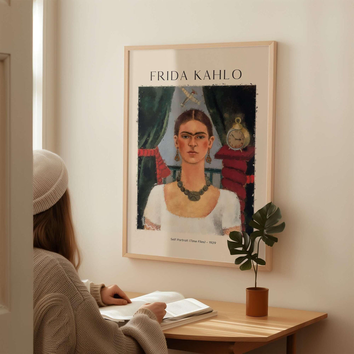 Frida Kahlo Self Portrait Time Flies 1929 Vintage Art Print Poster displayed in a stylish room setting.