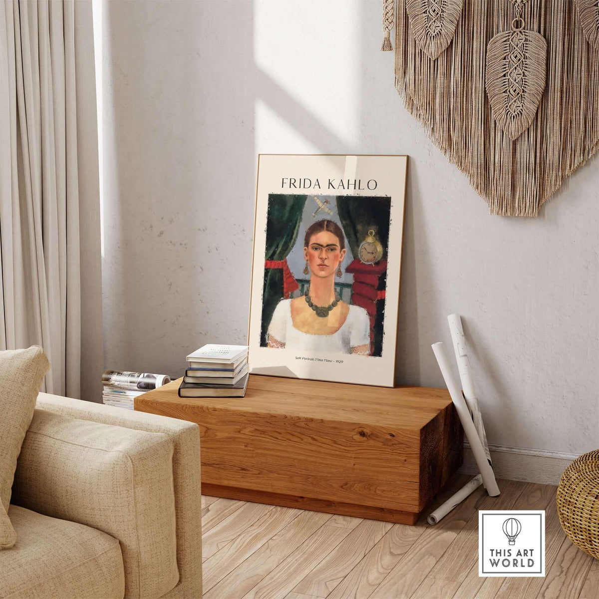 Frida Kahlo Self Portrait Time Flies 1929 Vintage Art Print Poster displayed in a modern living room setting.