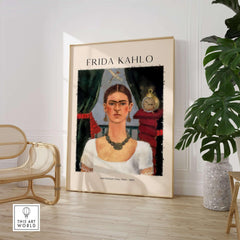 Frida Kahlo Self Portrait Time Flies 1929 Vintage Art Print Poster displayed in a modern interior setting.