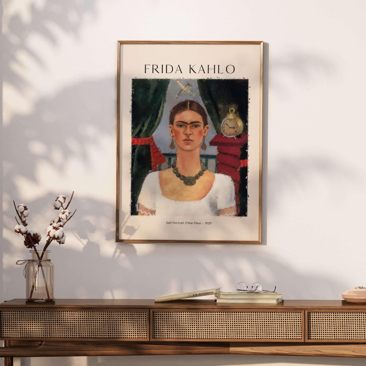 Frida Kahlo Self Portrait Time Flies 1929 Vintage Art Print Poster framed on a wall with decor.