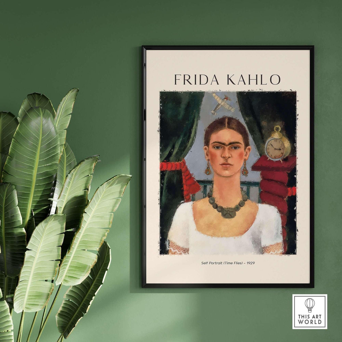 Frida Kahlo Self Portrait Time Flies 1929 Vintage Art Print Poster framed on a green wall with plants.