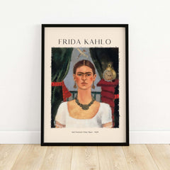 Frida Kahlo Self Portrait Time Flies 1929 Vintage Art Print Poster showcasing a young Frida with symbolic elements.