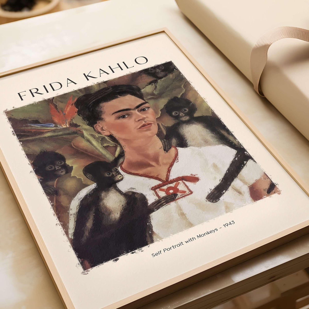 Frida Kahlo Self Portrait with Monkeys Famous Painting Poster Art Print featuring Frida and monkeys in a tropical setting.