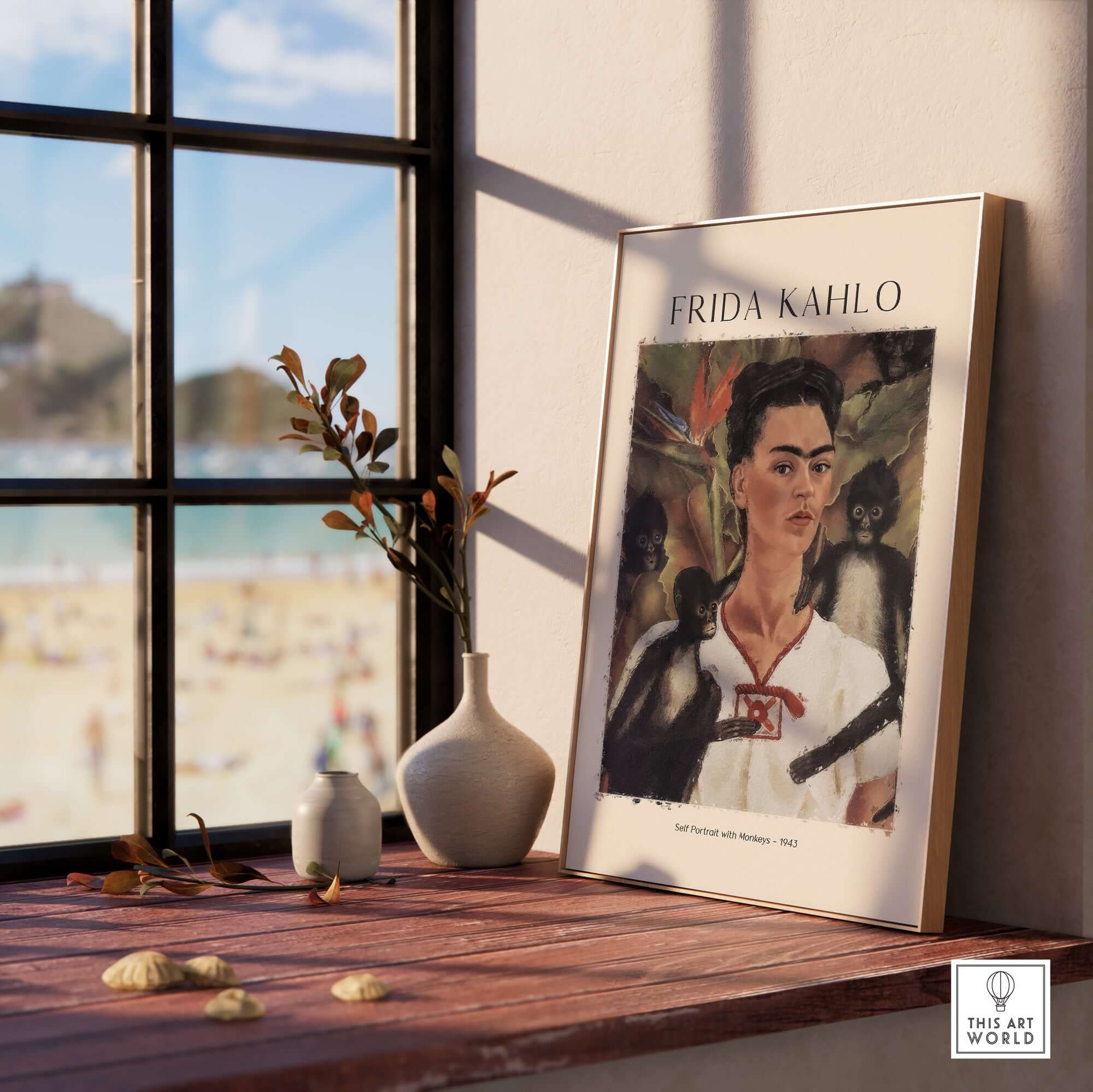 Frida Kahlo Self Portrait with Monkeys Famous Painting Poster Art Print displayed on a wooden table near a window.