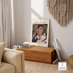 Frida Kahlo Self Portrait with Monkeys Famous Painting Poster Art Print displayed in a cozy living room setting.
