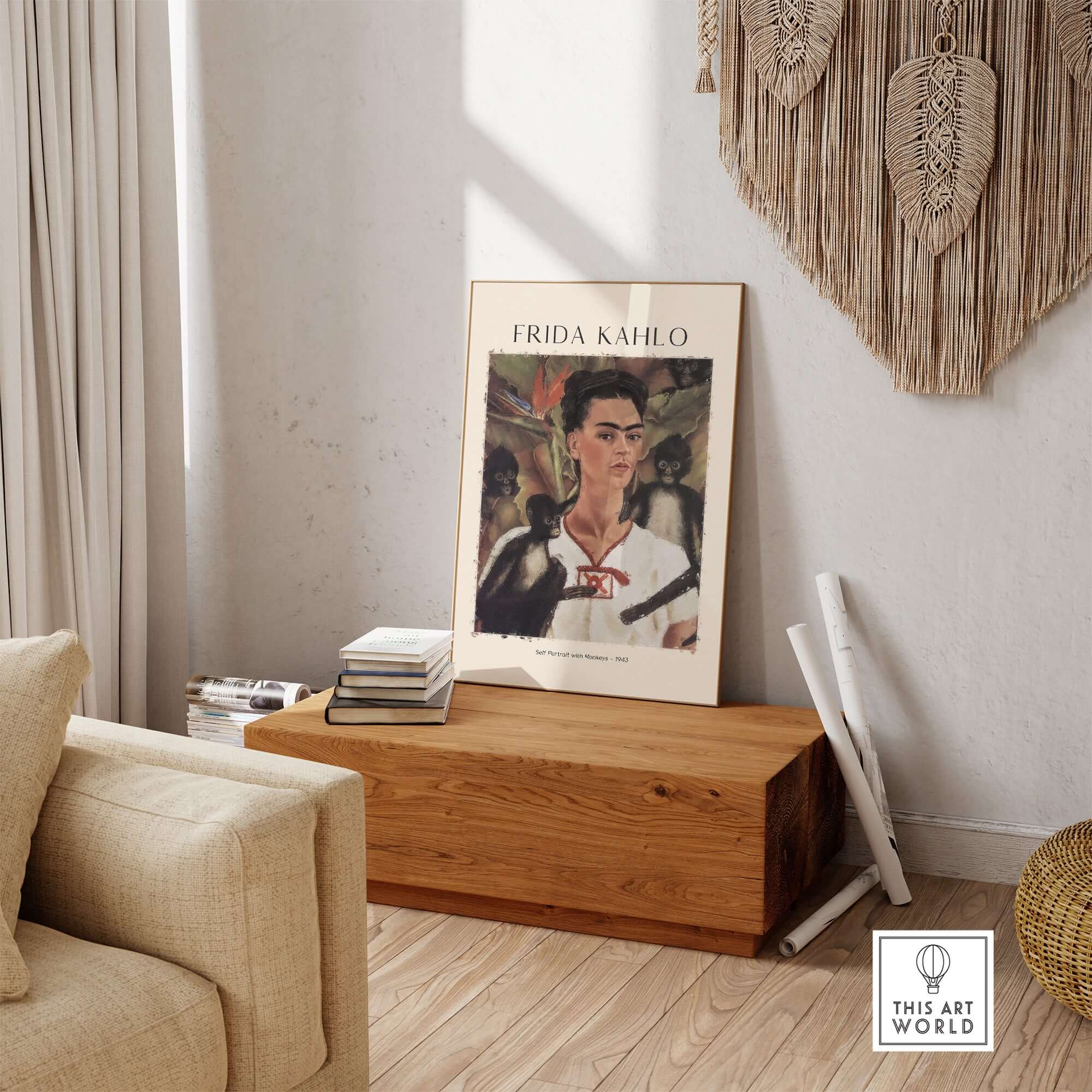 Frida Kahlo Self Portrait with Monkeys Famous Painting Poster Art Print displayed in a cozy living room setting.