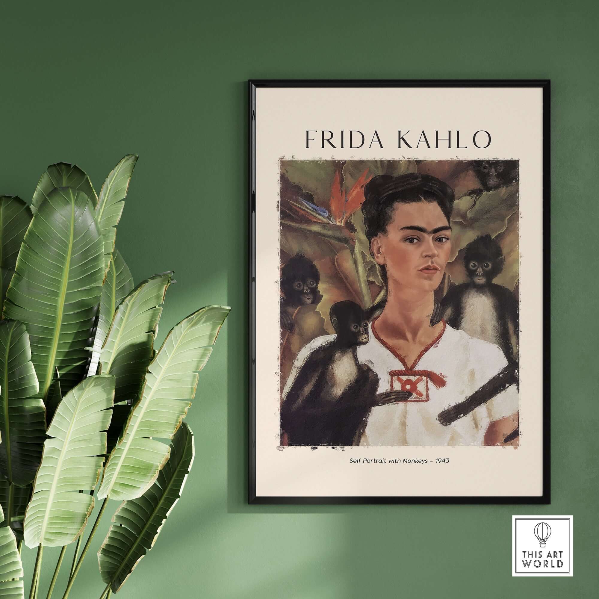 Frida Kahlo Self Portrait with Monkeys Famous Painting Poster Art Print displayed on a green wall with tropical plants.