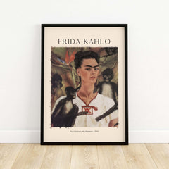 Frida Kahlo Self Portrait with Monkeys Famous Painting Poster Art Print framed on a wall, featuring the artist surrounded by monkeys.