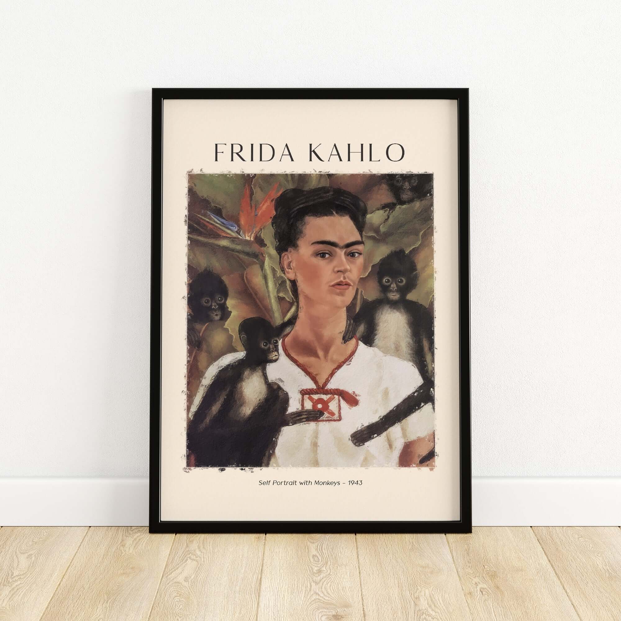 Frida Kahlo Self Portrait with Monkeys Famous Painting Poster Art Print framed on a wall, featuring the artist surrounded by monkeys.