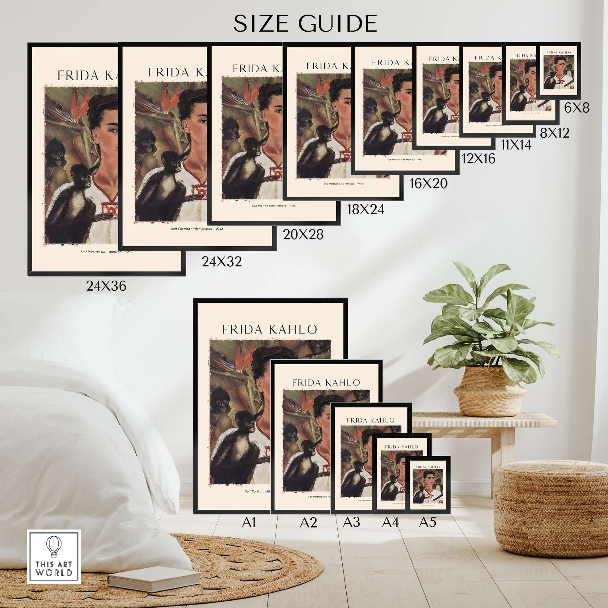 Frida Kahlo Self Portrait with Monkeys Famous Painting Poster Art Print size guide showing various frame options.