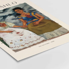 Frida Kahlo The Two Fridas Famous Art Print Poster Wall Art featuring double self-portrait by Frida Kahlo.