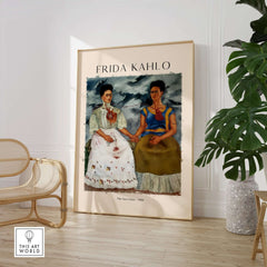 Frida Kahlo The Two Fridas Famous Art Print Poster Wall Art displayed in a stylish interior with a plant.